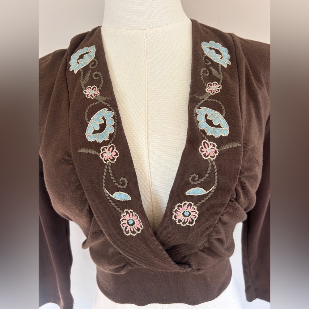 Y2K CATO Brown Babydoll Crop V-Neck Layering Top Whimsigoth Indie Fairy Boho | L - Picture 4 of 13